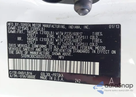 2013 Toyota Sienna Xle V6 8 Passenger from USA, damaged, VIN 5TDYK3DC5DS331792